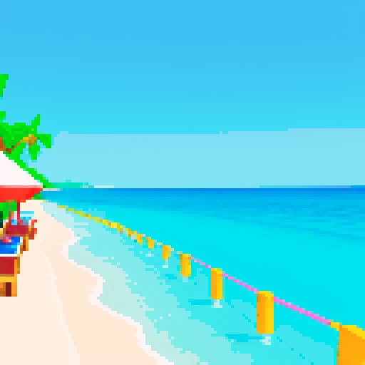 Vacation beach with a long stretch of road behind it, food cart