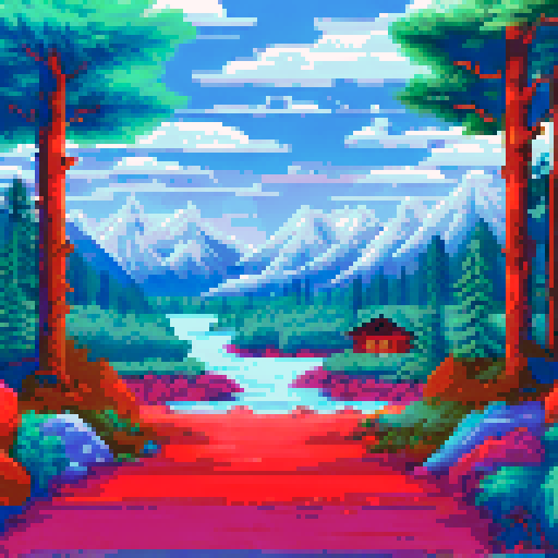 Snow-capped peaks towering over pine forests and frozen lakes, with a cozy cabin nestled in the valley, all rendered in a vibrant, pixelated art style on an sRGB background
