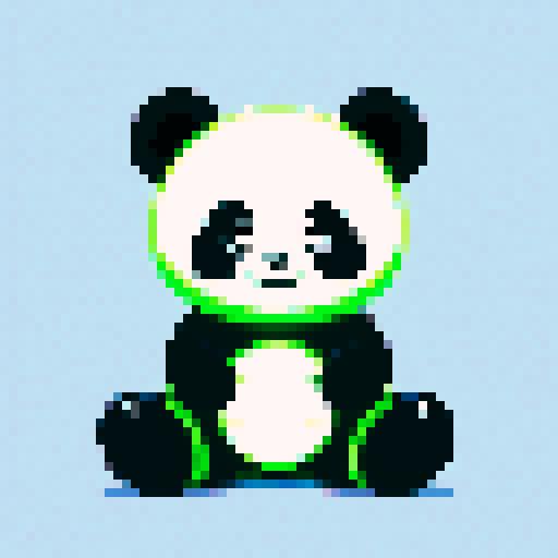 panda, green neon eyes, sentado, pixel art, sRGB