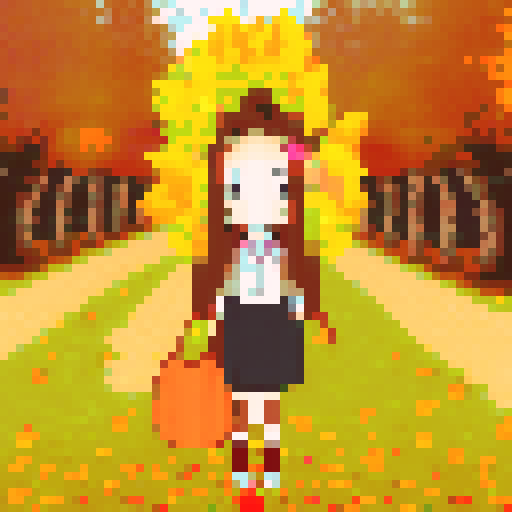 Kitsune girl, bag in hand, surrounded by vibrant autumn leaves, depicted in charming pixel art.