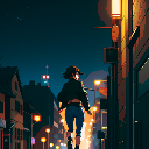 Night city street light background, young girl, short black hair, brown jacket, black jeans, beige hat, running, turn back, view from the back