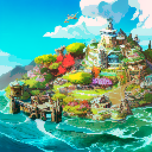 a retro futuristic city, by the ocean, at day time, with a mountain behind the city. there are wind turbines on the mountain. 