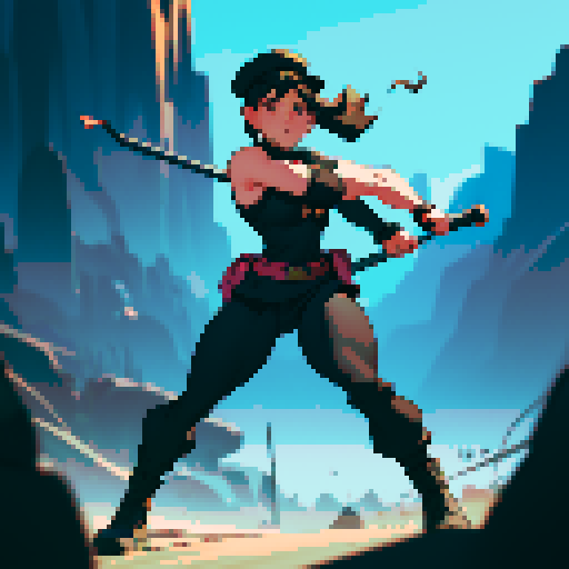 full-body image, muscle girl, female, thick biceps, big shoulders, big fists, muscular physique, thick waist, facing left, ready to fight, exaggerated proportions, black military uniform, black hat, military backdrop, sRGB, pixel art, no background, no backdrop, facing left, fists raised, ready to fight