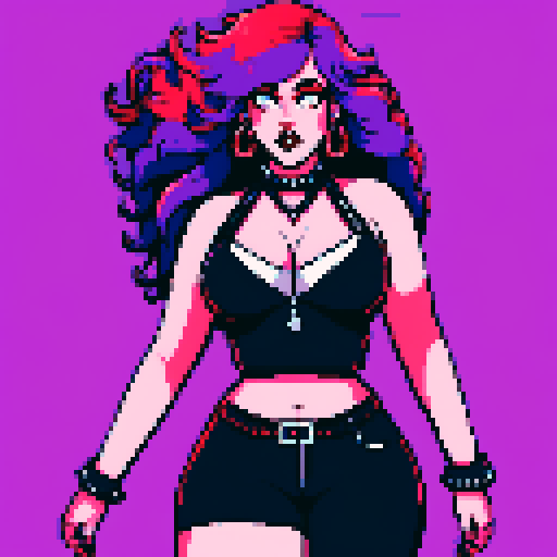 plus size, curvy, busty, goth girl with long purple hair, black eyeshadow, and red lipstick, wearing a low-cut halter top and studded collar, posing for a glamour shot photo with vibrant sRGB colors, pixel art, and an edgy aesthetic