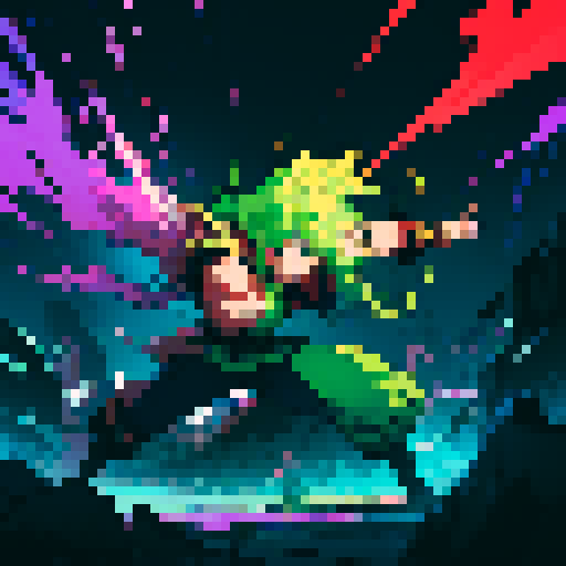 slime, pixelated, heroes, impact, dynamic poses, sRGB, energetic, splattering, motion lines, intense, confrontation, art style, slamming, dramatic lighting, action-packed, contrasting backgrounds