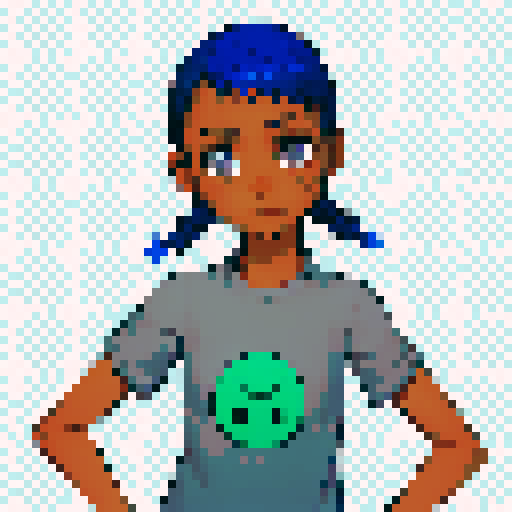 Young black girl with blue pigtails and gray eyes