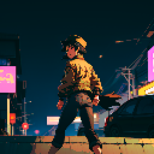 Night Thai urban street light background, Thailand, young girl, short black hair, small mouth, brown jacket, black jeans, small hips, beige hat, running, turn back, far view from the back