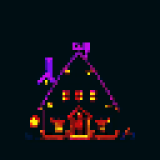 a neighborhood with trees and street lights with one glitched out bad house evil house that shouldn't be there. spooky evil