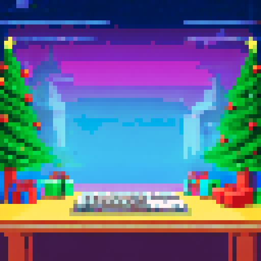 keyboard, mouse, decorated Christmas tree with twinkling lights instead of monitor, desk, 8-bit, vibrant and lively asthetic