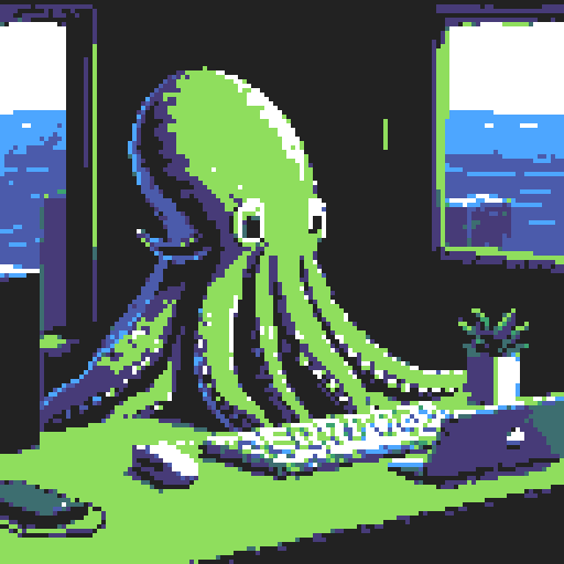 a big octopus seated at a desk typing on a laptop