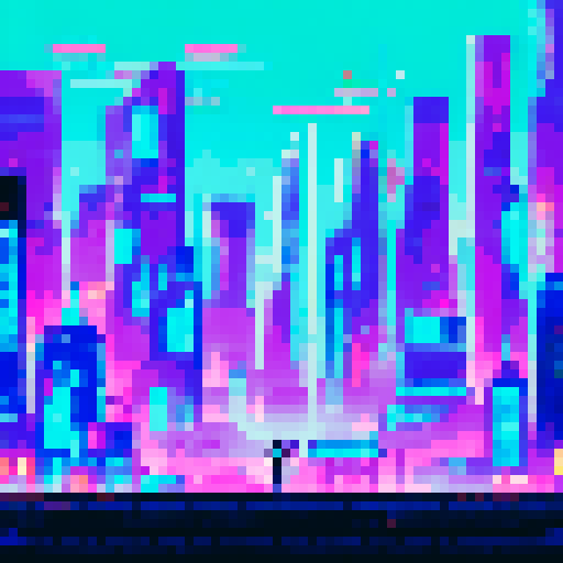 Neon-lit, bustling cyberpunk bar, with retro-futuristic cityscape as a background, showcasing vibrant pixel art characters and sRGB color palette