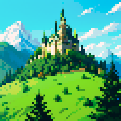 Knight sleeping, tree with lush green leaves, castle with towering spires, snow-capped hills, vibrant pixelated art style, sRGB background