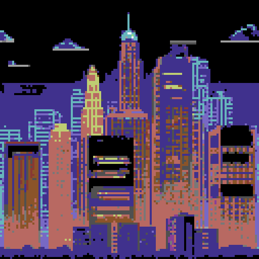 large skyscrapers at night, large dark blue sky, viewed from afar, retro, nostalgic feel