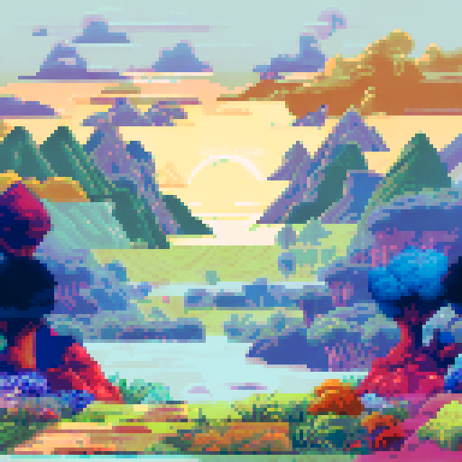 Vibrant sunset, towering mountains, lush green meadows, serene lake, pixelated trees, sRGB color palette, detailed pixel art, scenic background, picturesque landscape
