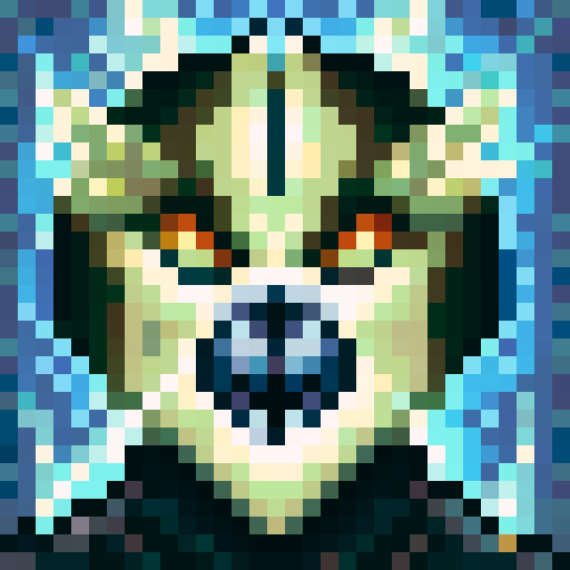 dead black cat with sharp, jagged teeth and an empty eye socket in a closeup face, rendered in a pixelated MSX style for a striking character portrait.