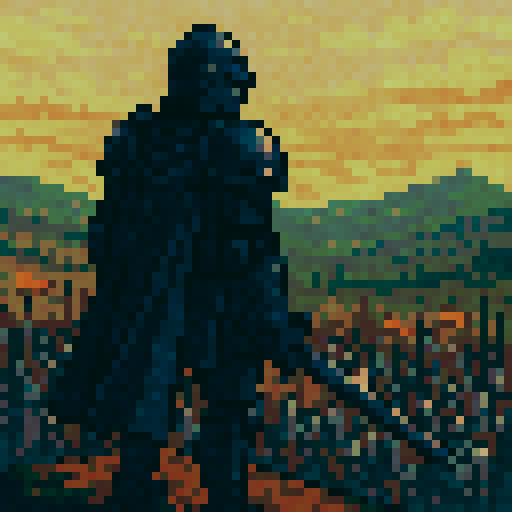 Fire Emblem male soldier, dark armor, covered helmet, standing above army, top hill, sRGB, pixel art