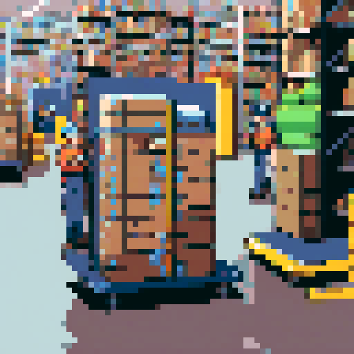 Pixelated shelves stocked with an abundance of products, workers scurrying around in bright blue uniforms, conveyor belts buzzing with packages, vibrant color palette capturing the energy of the bustling Amazon warehouse