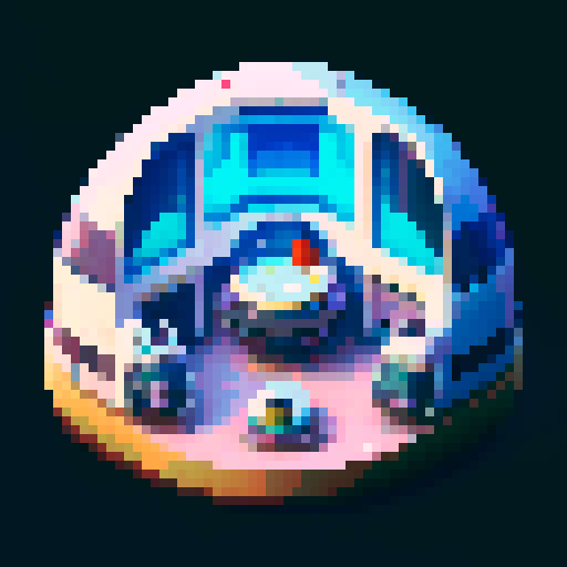 rounded spaceship interior, smooth curved walls, large windows showing space, gachapon-like design, cryo-pod in the center, pixel art, sRGB