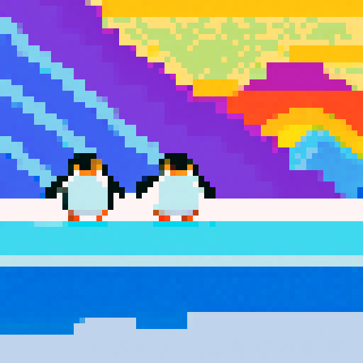 Pixel Penguins waddling on a shimmering, icy landscape, their vibrant, pixelated feathers reflecting the soft, warm hues of a setting sun