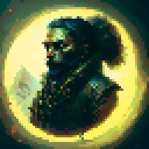 Fierce, weathered pirate captain with a patch over one eye, a bushy black beard, and a gold hoop earring glaring out from a background of stormy seas, headshot, portrait only, pixel art