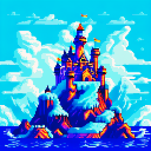 stormy sea, waves, icy castle with two towers in distance, clouds