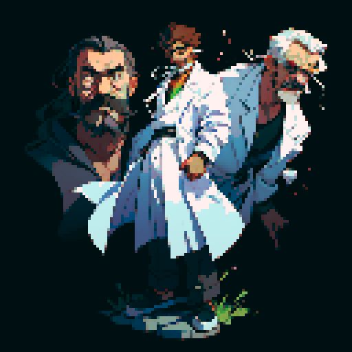 male mad scientist facing left, white mustache, lab coat, goggles, full-body image, pixel art, sRGB