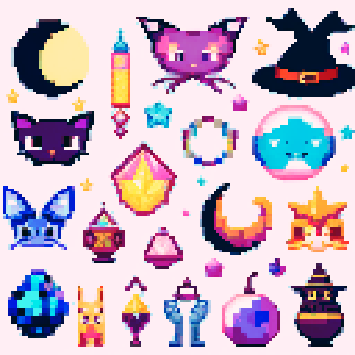 pixel art style collection of witchy objects such as moons cats moths wants stars crystals orbs etc whimsical cute witchy style