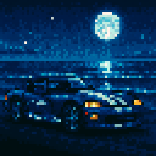1996 Dodge Viper Indy Pace Car, ocean, night, full moon, sRGB, pixel art