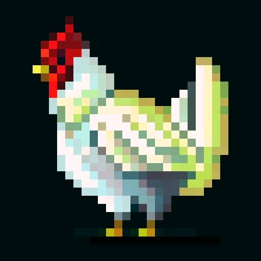 chicken, game icon, 32x32 pixel art, sRGB, skill art, close up, portrait, vibrant feathers, determined eyes, detailed beak, textured comb and wattle