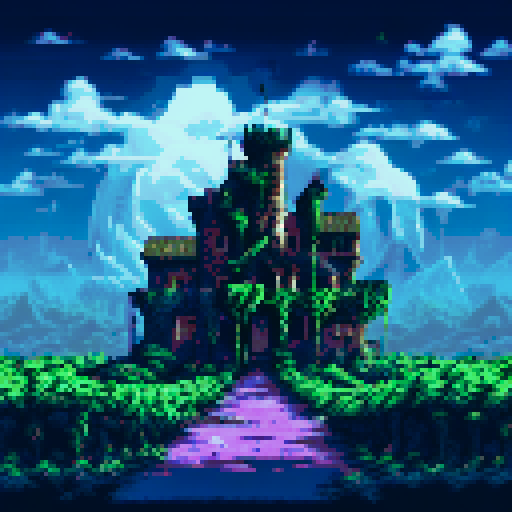 Eerie, desolate, abandoned building with cracked windows and overgrown vines, set against a moody, ominous pixel art landscape in sRGB color scheme