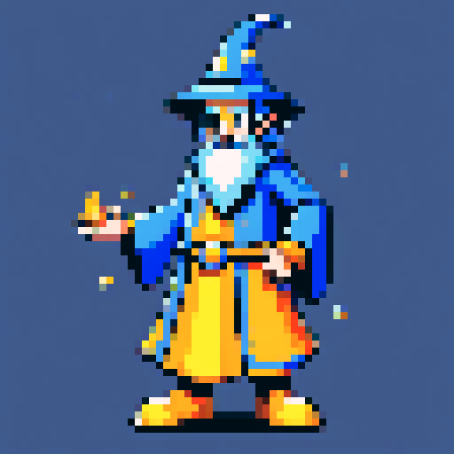Create a pixel art character of a whimsical wizard . The wizard should wear a blue robe covered with yellow stars and a matching pointy hat. He should have a playful grin, holding his hand ready to give a high five