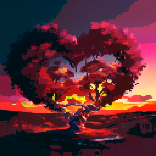 big heart-shaped tree in the foreground, vibrant sunset gradient in the background
