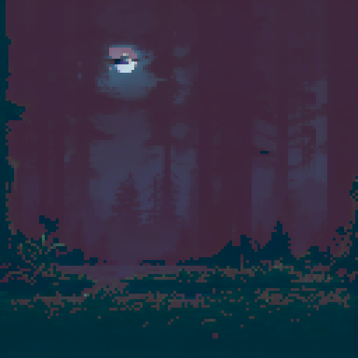 dark, moonlit forest, towering trees, glowing eyes, misty path, eerie shadows, pixelated leaves, ethereal glow, twisted branches, starry sky, mysterious figures, silhouettes, haunting atmosphere