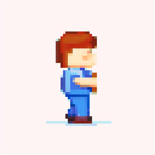 A single sprite of a young boy with a backpack on, pixel art, facing forward with a plain expression