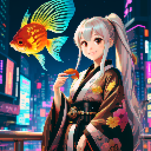 best quality, ultra-detailed, high resolution, extremely detailed cg,unity 8k wallpaper, digital art,high quality,1girl,long hair,silver brown hair,ponytail,kimono,cyberpunk clothes,brown kimono,futuristic,neon lights,cityscape,night sky,2fish,goldfish,metallic fish,flying fish,cyberpunk fish,propeller,tail fin,wings,antenna,eye,glowing,smiling,looking at fish,