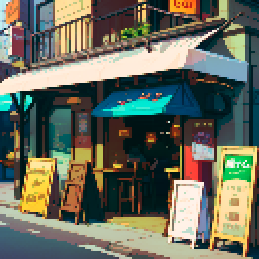 Cafe on a curved street with sign that says A11yCafe 