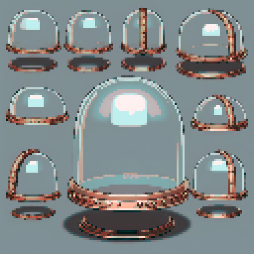 I want a rounded transparent glass half-dome with copper trim and copper rivets around the bottom edge. I want this object usable an asset in a videogame, meaning only one object per image, outlined with a strong black stroke.