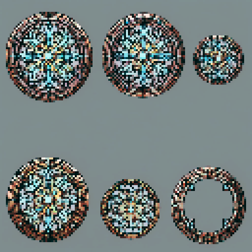 I want a beautiful circular stained glass window framed in copper with rivets around the edge. I want this object usable an asset in a videogame, meaning only one object per image, outlined with a strong black stroke, on a solid-color background.