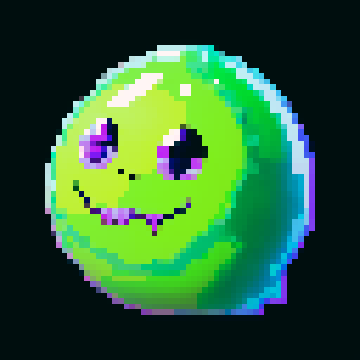 A dangerous slime with a toxic purple hue, emitting a faint glow. It has sharp, sinister eyes and a menacing expression, with toxic bubbles inside. No background.
