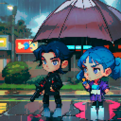 blue haired 90s pop girl on the right is smoking a cigarette, and the man on the left with black hair is holding a gun, night time rainy oldtime villag, grim