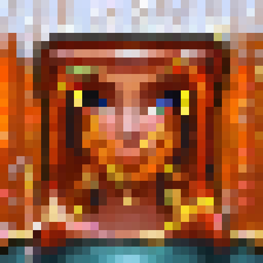 A vibrant, bustling cityscape with towering skyscrapers, bustling streets filled with neon lights and bustling crowds, all rendered in a pixelated, 32x32 skill art style.