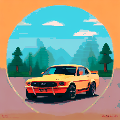 A pixel image of a photorealistic ford mustang car. The car is located in the center of the image and occupies most of the space, we see the front of the car. The car is on the road in the forest