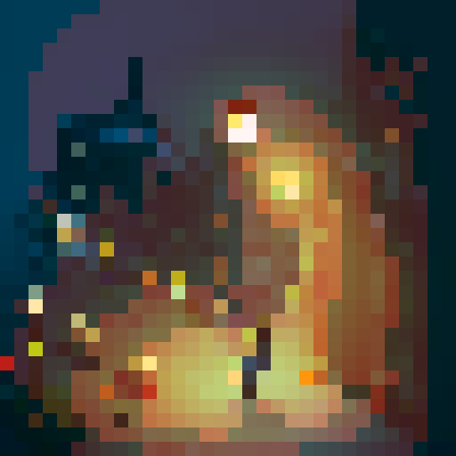 1920s detective, fedora-wearing, trench coat-clad, holding a magnifying glass, exploring a dimly lit alley, with flickering street lamps, amidst a backdrop of skyscrapers and vintage cars, all depicted in pixel art