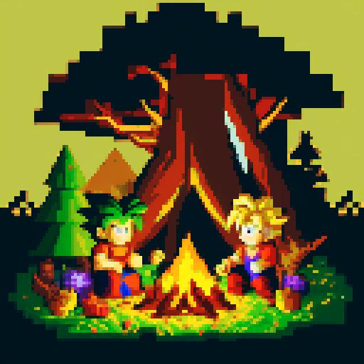16 bit style pixel art Portrait of Goku from Dragon Ball sitting down in a campfire site, lush forest, golden hour lighting, Goku gazes into the fire as the light reflects of his clothing. Behind him is a dark, ominous forest, with towering trees and faint, eerie shadows. The cozy atmosphere of the scene is illuminated by the warm, flickering light from the bonfire, rough appearance, low quality, masterpiece, bright colors, pixelated