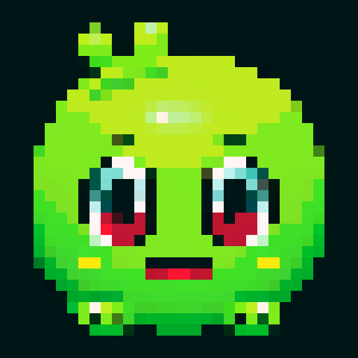 A simple, semi-transparent green blob with large, round eyes and a cheerful smile. No background.

