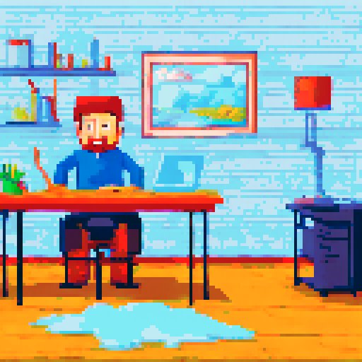 A person painting or drawing something at their desk in their bedroom.