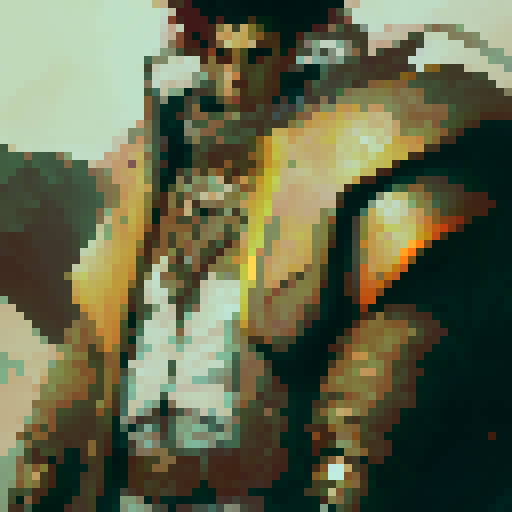 Fierce, muscular warrior with fiery red hair wielding a glowing, enchanted sword standing atop a craggy, mountain peak overlooking a fantastical landscape