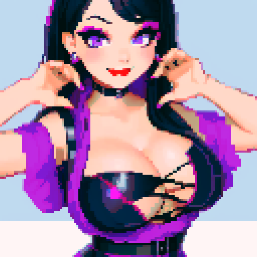 curvy, cute goth girl, smiling, black hair, purple eyeshadow, red lipstick, wearing bikini, glamour shot, pixel art, sRGB