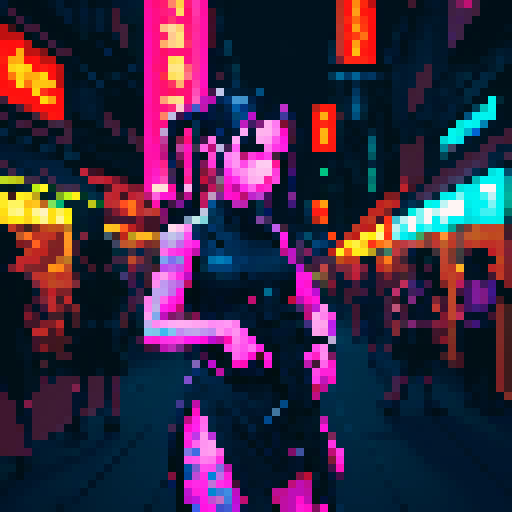 Street merchant assassin girl, neon-lit night market, slicked-back hair, pixelated sniper rifle, fluorescent tattoos, sRGB glow, bustling crowds.
