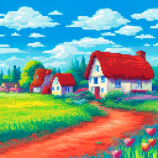 cute, colorful cottage nestled amidst a vibrant field of wildflowers, pixelated in sRGB, showcasing a picturesque landscape with a charming background